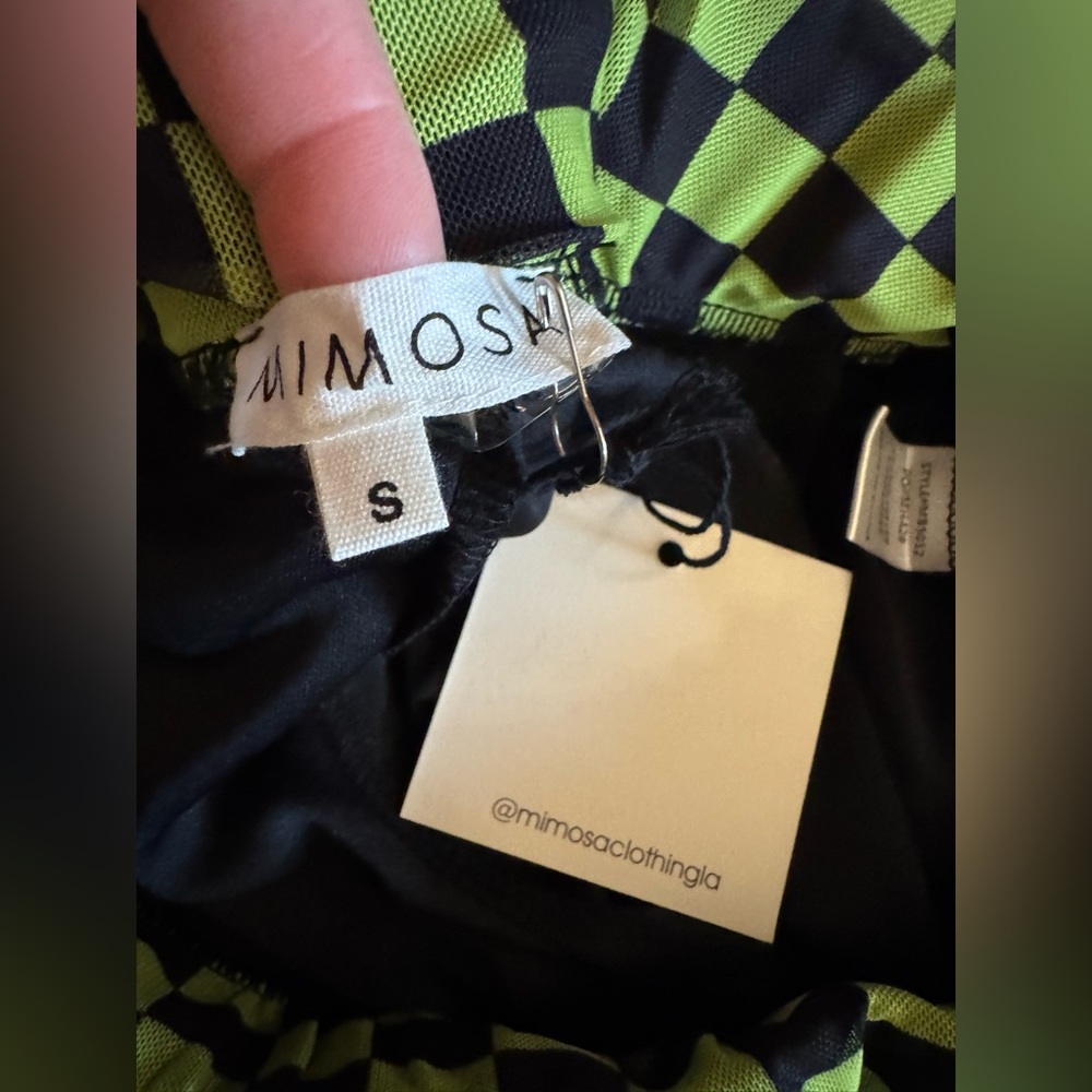 MIMOSA Lime Green and Black Checkered Sheer Flare Pants - Picture 3 of 4